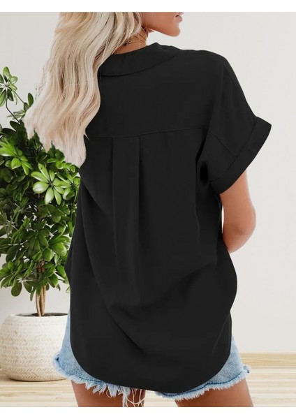 Kadın Kısa Kollu V Yakalı Önden Düğmeli Dokuma Gömlek modelleri