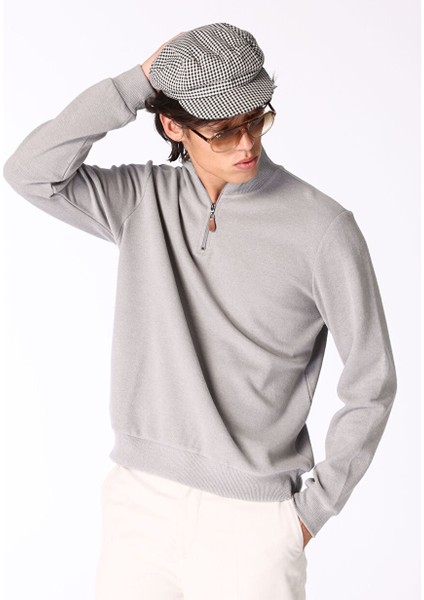 Gri Erkek Fermuarlı Basic Düz Sweatshirt MML4WM-SWT9517