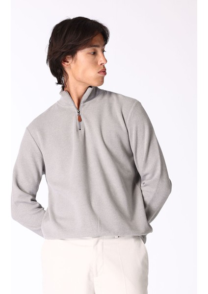 Gri Erkek Fermuarlı Basic Düz Sweatshirt MML4WM-SWT9517