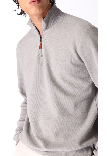 Gri Erkek Fermuarlı Basic Düz Sweatshirt MML4WM-SWT9517