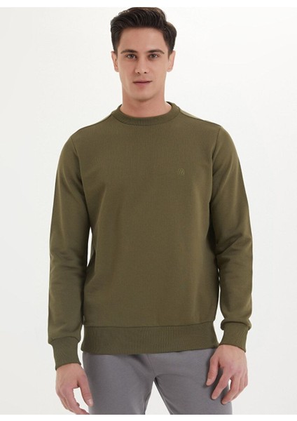 Haki Basic Bisiklet Yaka Pamuklu Regular Fit Erkek Sweatshirt Essentıals
