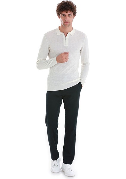 Ekru Regular Fit Jakarlı Polo Yaka Yünlü Triko Kazak