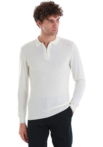 Ekru Regular Fit Jakarlı Polo Yaka Yünlü Triko Kazak