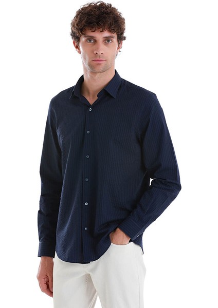 Lacivert Comfort Fit Düz 100% Pamuk Slim Yaka Uzun Kollu Spor Gömlek