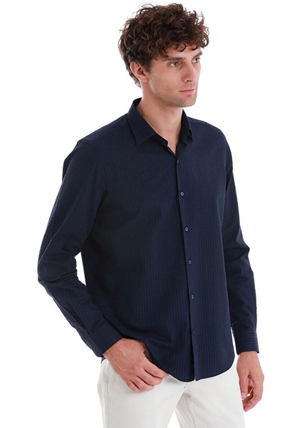 Lacivert Comfort Fit Düz 100% Pamuk Slim Yaka Uzun Kollu Spor Gömlek modelleri