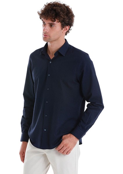 Lacivert Comfort Fit Düz 100% Pamuk Slim Yaka Uzun Kollu Spor Gömlek fırsatları