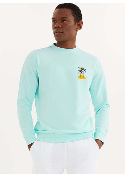 Açık Mavi Baskılı Bisiklet Yaka Pamuklu Regular Fit Erkek Sweatshirt Palm