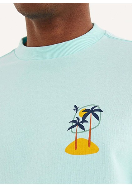Açık Mavi Baskılı Bisiklet Yaka Pamuklu Regular Fit Erkek Sweatshirt Palm