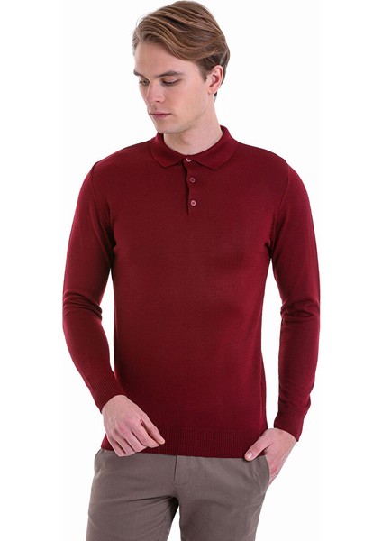 Bordo Comfort Fit Düz Polo Yaka Yünlü Kazak fiyatları