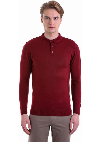 Bordo Comfort Fit Düz Polo Yaka Yünlü Kazak modelleri