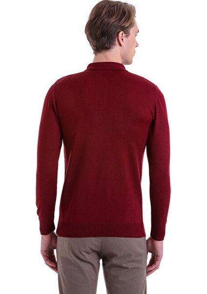Bordo Comfort Fit Düz Polo Yaka Yünlü Kazak