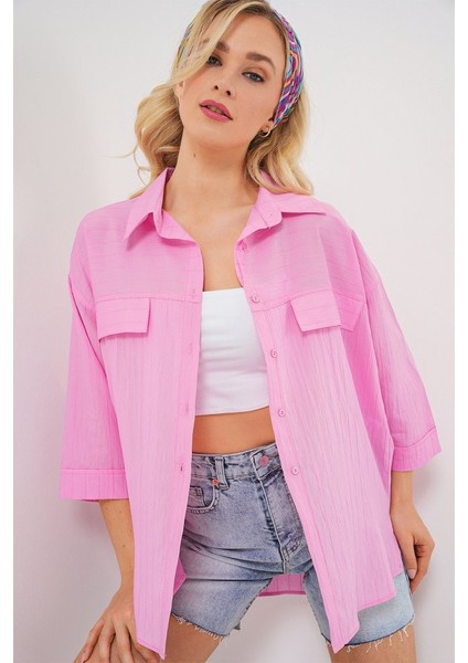 Cep Detaylı Kısa Kol Gömlek 20317 - Pembe