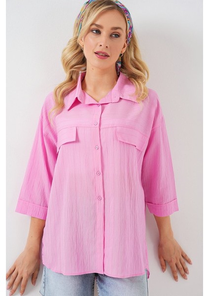 Cep Detaylı Kısa Kol Gömlek 20317 - Pembe modelleri