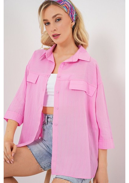 Cep Detaylı Kısa Kol Gömlek 20317 - Pembe fırsatları