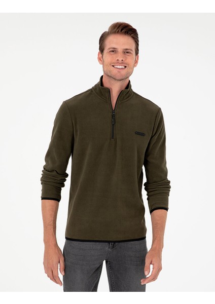 Haki Regular Fit Yarım Fermuarlı Polar Sweatshirt