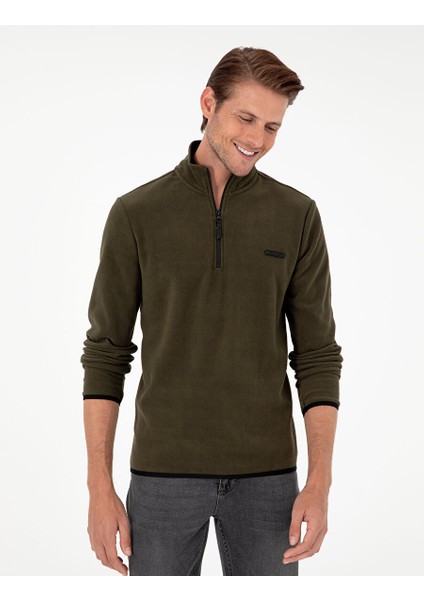 Haki Regular Fit Yarım Fermuarlı Polar Sweatshirt