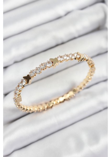 Pirinç Zirkon Taşlı Kelebek Model Gold Renk Yaylı Kadın Bileklik