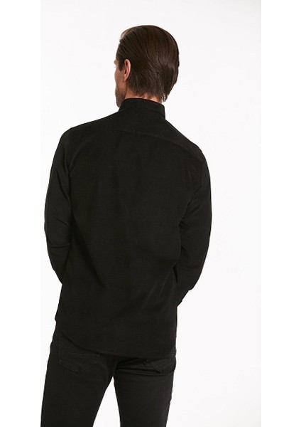 Siyah Comfort Fit Düz Düğmeli Yaka 100% Pamuklu Uzun Kollu Klasik Gömlek fırsatları