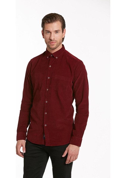 Bordo Comfort Fit Düz Düğmeli Yaka 100% Pamuklu Uzun Kollu Klasik Gömlek