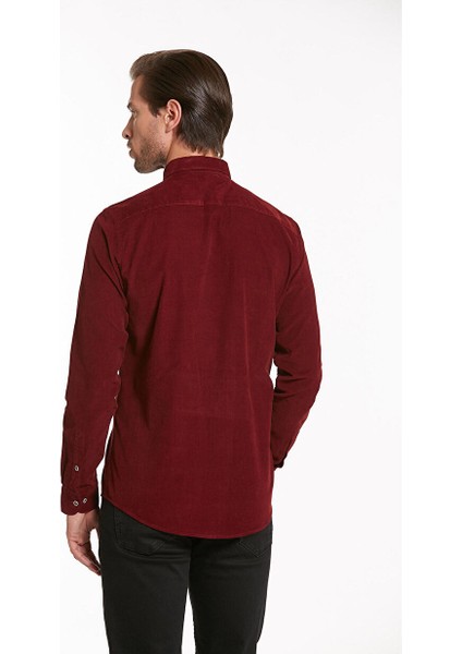 Bordo Comfort Fit Düz Düğmeli Yaka 100% Pamuklu Uzun Kollu Klasik Gömlek fırsatları