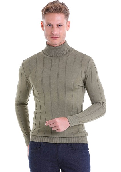Yeşil Comfort Fit Fitilli Balıkçı Yaka Yünlü Kazak