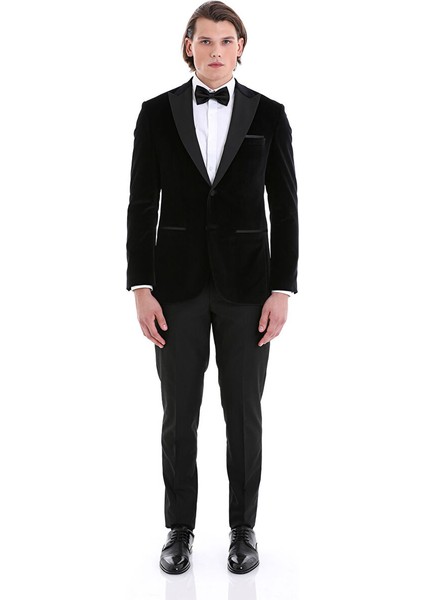 Siyah Slim Fit Düz Sivri Yaka Kadife Klasik Smokin Damatlık