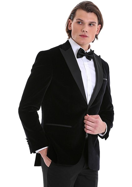 Siyah Slim Fit Düz Sivri Yaka Kadife Klasik Smokin Damatlık modelleri