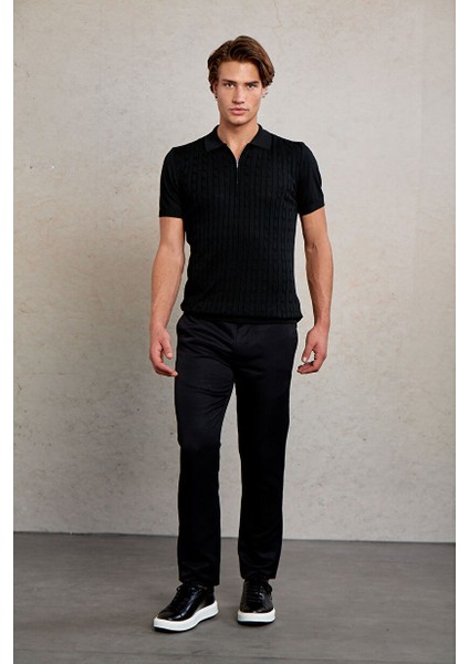 Siyah Slim Fit Jakarlı Fermuarlı Polo Yaka Triko Tişört fiyatları
