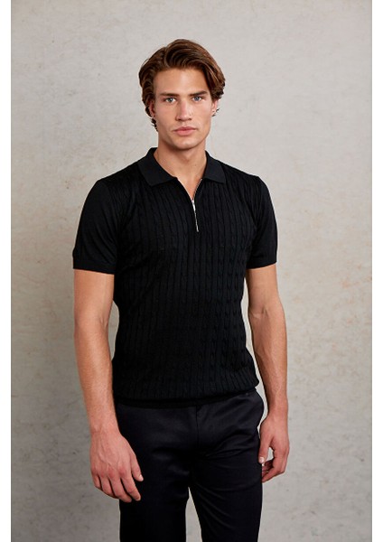 Siyah Slim Fit Jakarlı Fermuarlı Polo Yaka Triko Tişört fırsatları