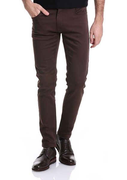 Kahverengi Slim Fit Düz Pamuklu 5 Cep Kanvas Pantolon
