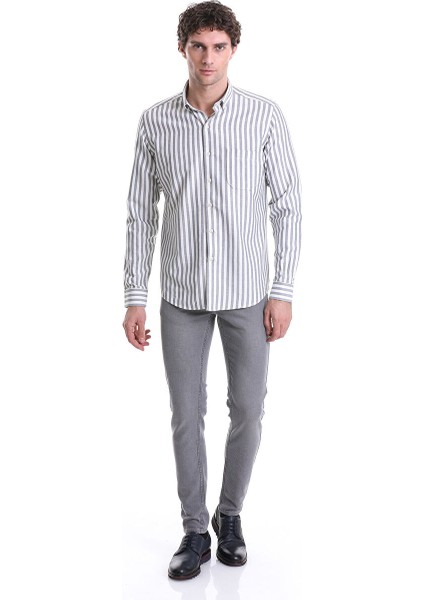 Lacivert Slim Fit Çizgili Dik Yaka Pamuklu Uzun Kollu Casual Gömlek fiyatları