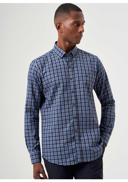 Regular Fit Ekoseli Lacivert Spor Erkek Gömlek GM22K222104_D39