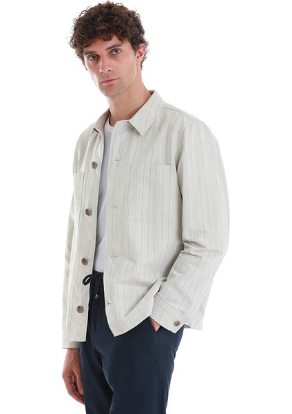 Bej Slim Fit Çizgili Mono Yaka Klasik Keten Ceket