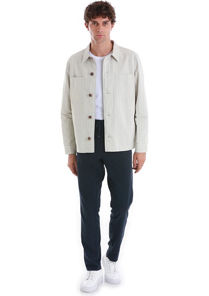 Bej Slim Fit Çizgili Mono Yaka Klasik Keten Ceket fiyatları