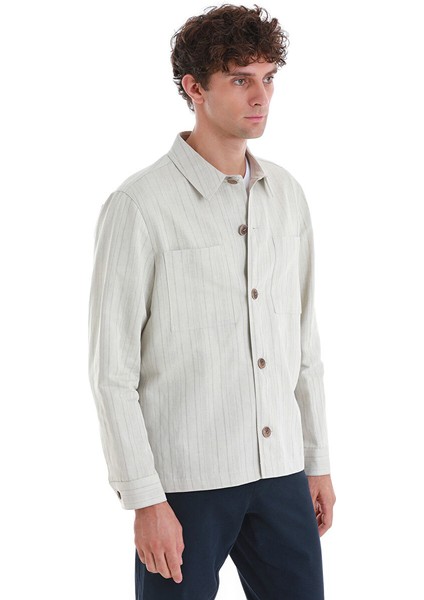Bej Slim Fit Çizgili Mono Yaka Klasik Keten Ceket modelleri