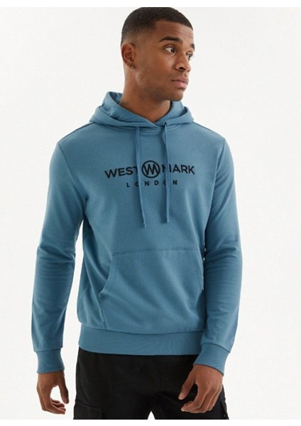 Açık Mavi Baskılı Kapüşonlu Cepli Pamuklu Regular Fit Erkek Sweatshirt Sıgnature