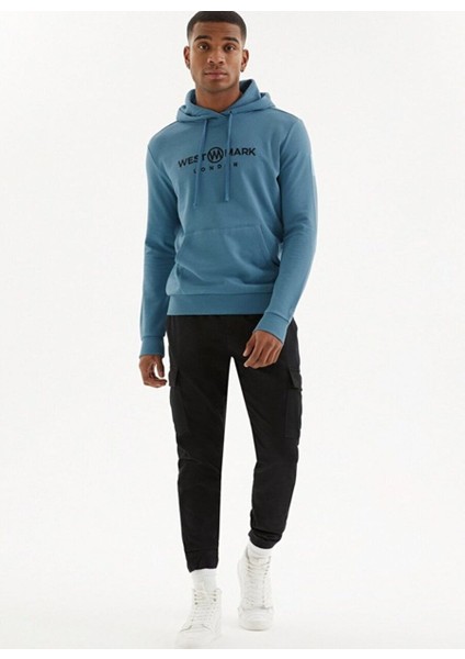 Açık Mavi Baskılı Kapüşonlu Cepli Pamuklu Regular Fit Erkek Sweatshirt Sıgnature