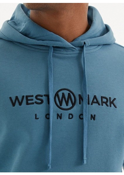Açık Mavi Baskılı Kapüşonlu Cepli Pamuklu Regular Fit Erkek Sweatshirt Sıgnature