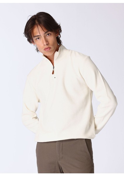 Ekru Erkek Fermuarlı Basic Düz Sweatshirt MML4WM-SWT9517