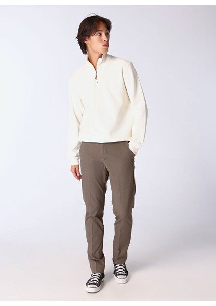 Ekru Erkek Fermuarlı Basic Düz Sweatshirt MML4WM-SWT9517