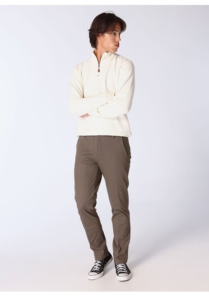 Ekru Erkek Fermuarlı Basic Düz Sweatshirt MML4WM-SWT9517