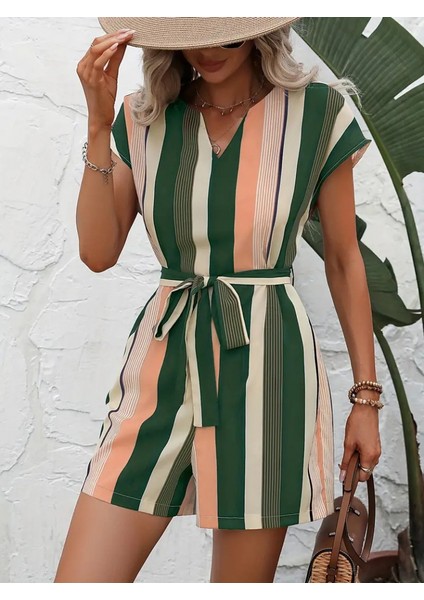 Kadın Kısa Kollu V Yakalı Beli Kuşaklı Keten Tulum fırsatları