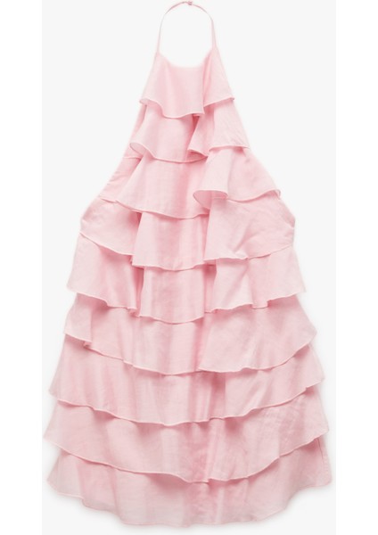 Kat Kat Ince Askılı Halter Yaka Fırfırlı Mini Elbise