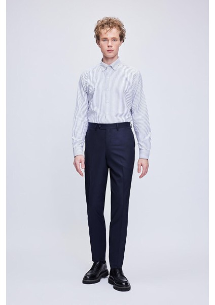 Lacivert Slim Fit Yandan Cepli Yünlü Kumaş Pantolon