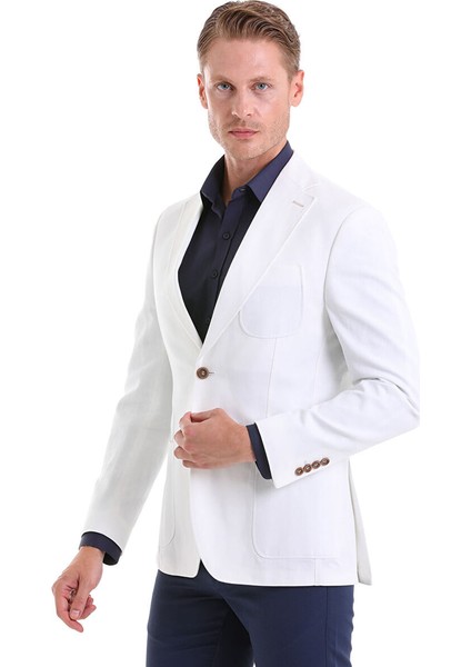 Beyaz Comfort Fit Düz Mono Yaka Casual Keten Ceket