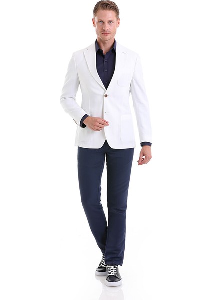 Beyaz Comfort Fit Düz Mono Yaka Casual Keten Ceket fiyatları