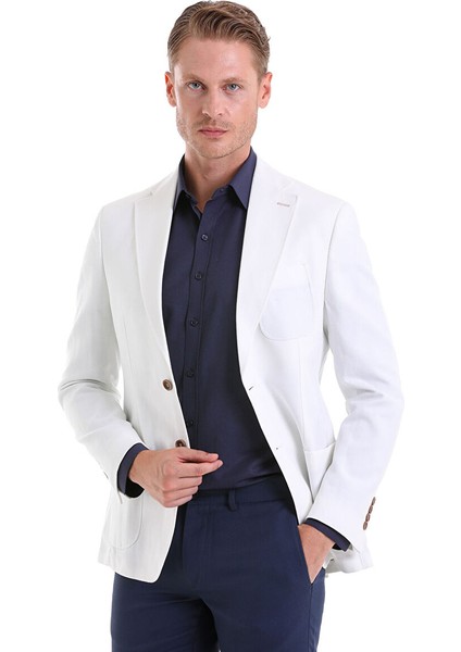 Beyaz Comfort Fit Düz Mono Yaka Casual Keten Ceket modelleri