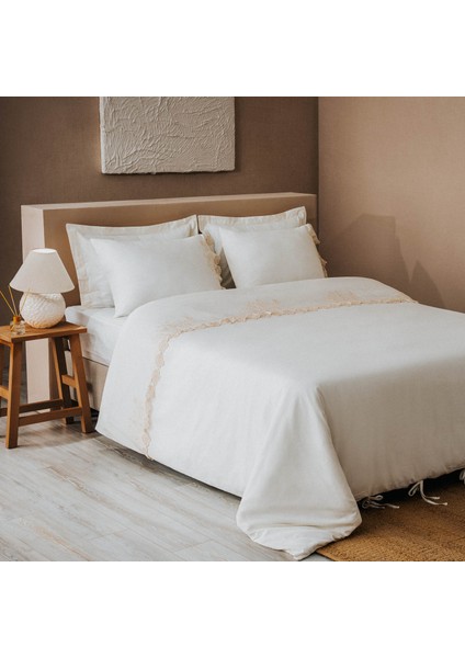 Amanda Çift Kişilik Nevresim Takımı Organik Pamuk Keten Dantelli Krem 200X220 cm
