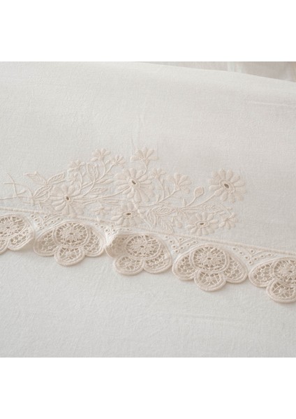 Amanda Çift Kişilik Nevresim Takımı Organik Pamuk Keten Dantelli Krem 200X220 cm