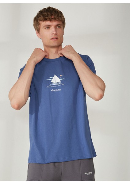 Bisiklet Yaka Baskılı Lacivert Erkek T-Shirt Yelken